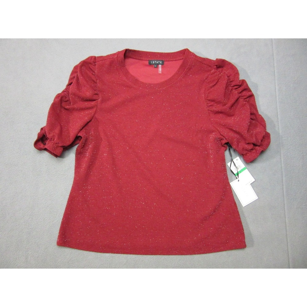 1 State Top Womens Large Ruby Red Metallic Blouse Ruffled Sleeve Midnight Garden